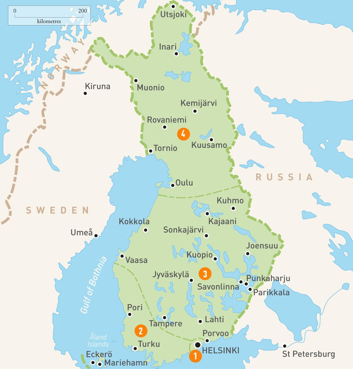Карта Фінляндыі азёр