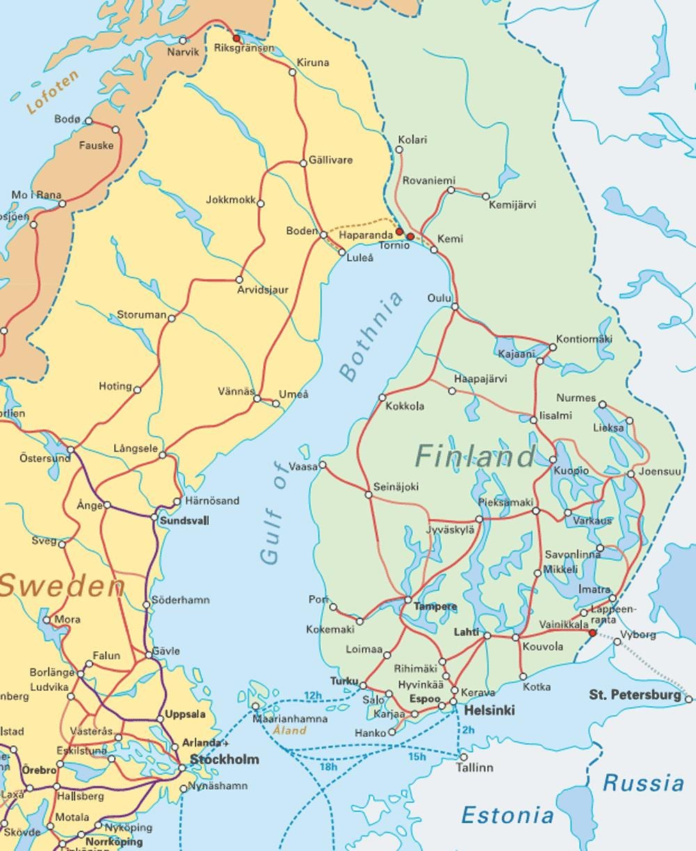 Фінляндыя на цягніку на карце