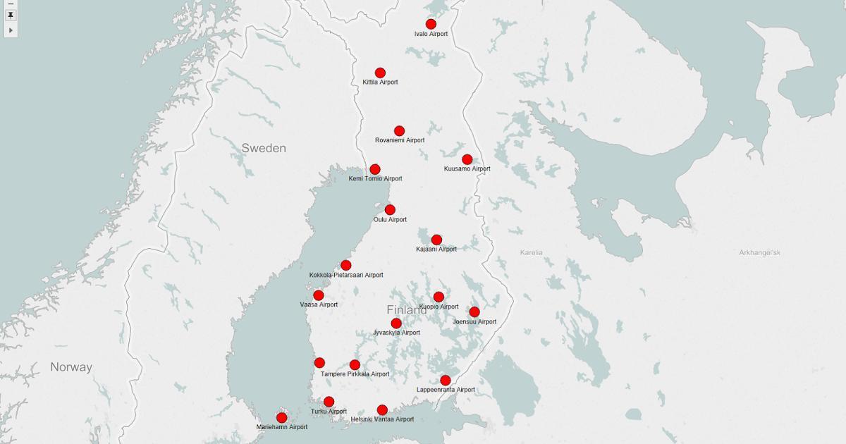 Карта Фінляндыі аэрапорты