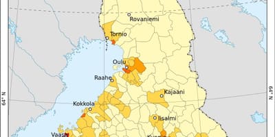 Фінляндыя карта шчыльнасці насельніцтва 